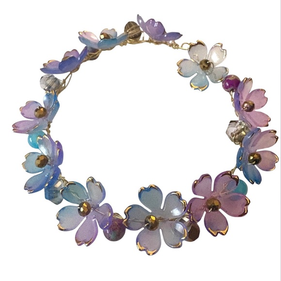 Fairy Bracelet with Wrapped Lucite Flowers, Jasper and Swarovski Crystal Dangles - Picture 2 of 8